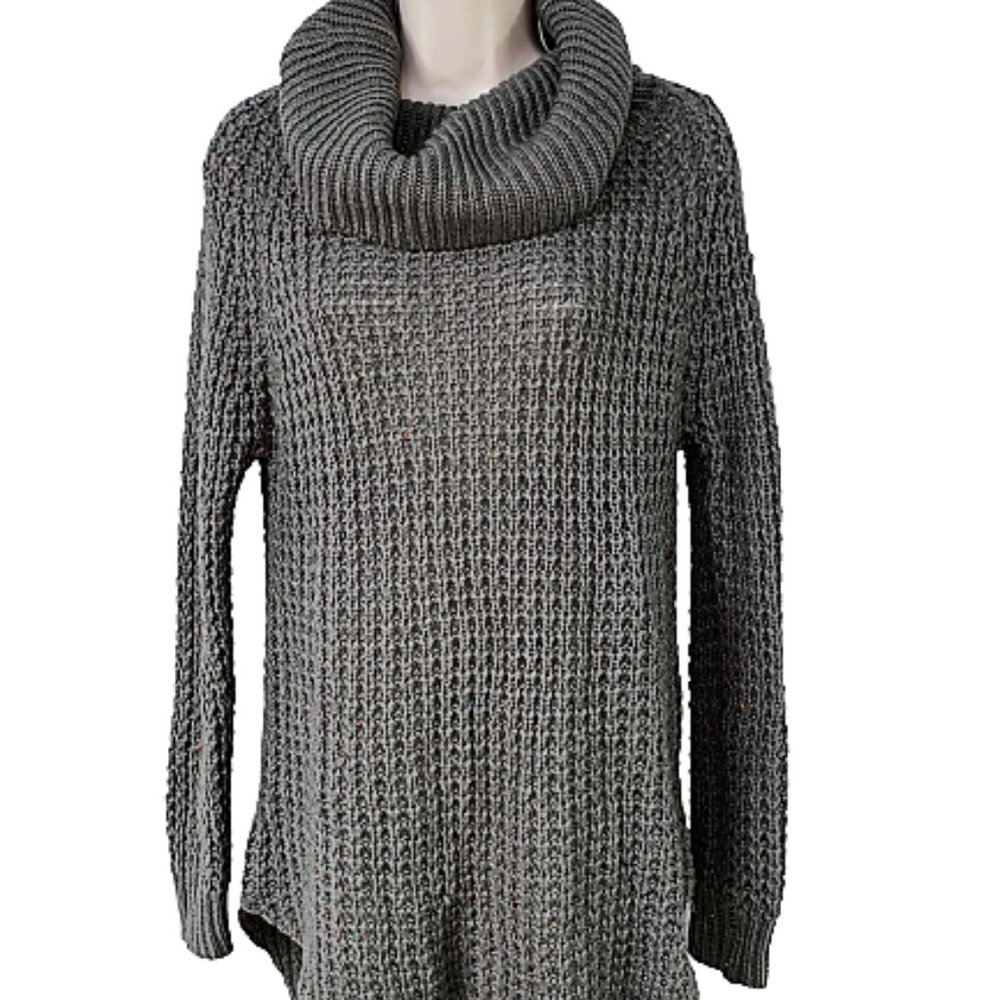 Women Sz Large RUE21 Gray Cowl Neck Open Weave Knit Warm Chunky Tunic Sweater GC